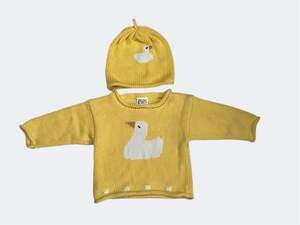 Vintage Jack Rabbit Creations Yellow Cotton Knit Duck Sweater and Hat Set 6-12M
